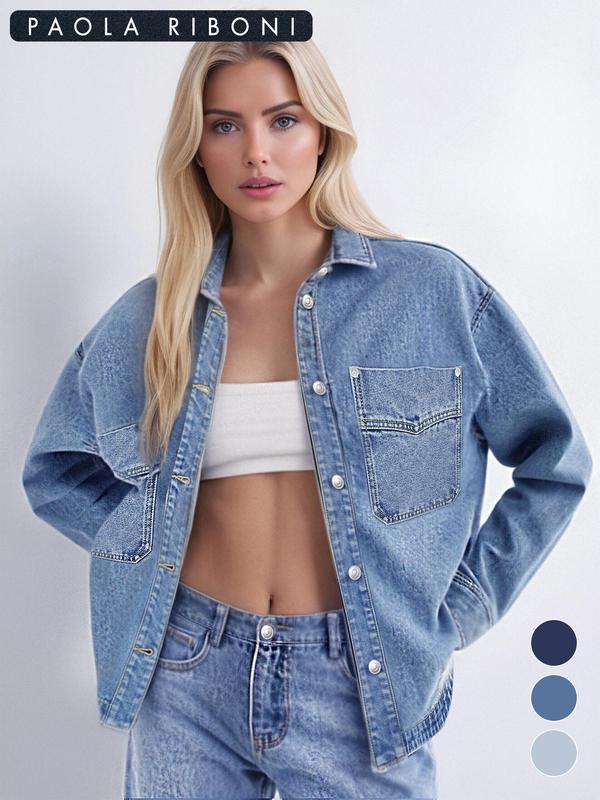 Women's Plain Button Front Drop Shoulder Curved Hem Denim Jacket, Casual Long Sleeve Pocket Design Collar Outerwear for Daily Wear, Ladies Clothes for All Seasons