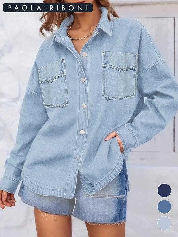 Women's Plain Button Front Drop Shoulder Curved Hem Denim Jacket, Casual Long Sleeve Pocket Design Collar Outerwear for Daily Wear, Ladies Clothes for All Seasons