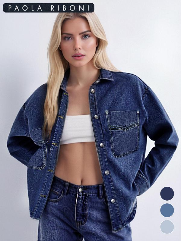 Women's Plain Button Front Drop Shoulder Curved Hem Denim Jacket, Casual Long Sleeve Pocket Design Collar Outerwear for Daily Wear, Ladies Clothes for All Seasons