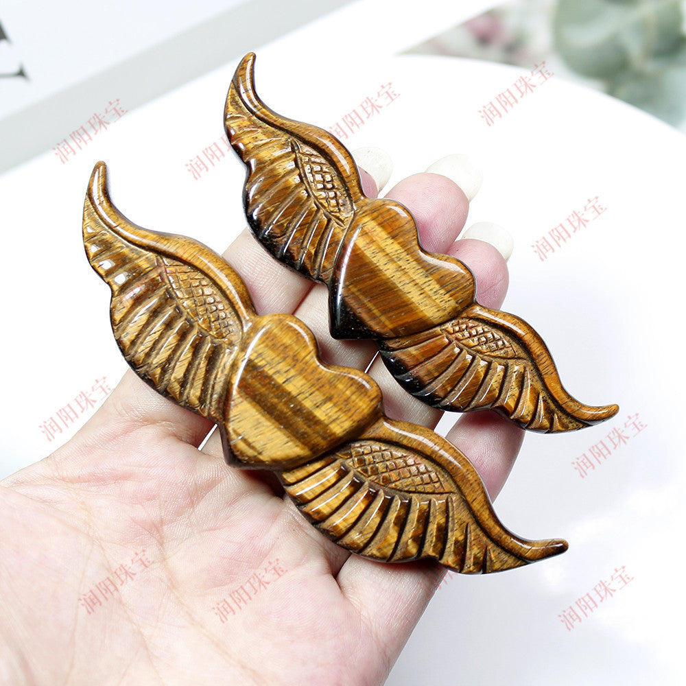 Polished carved Tiger eye Crystal crafts Love wings,100mm