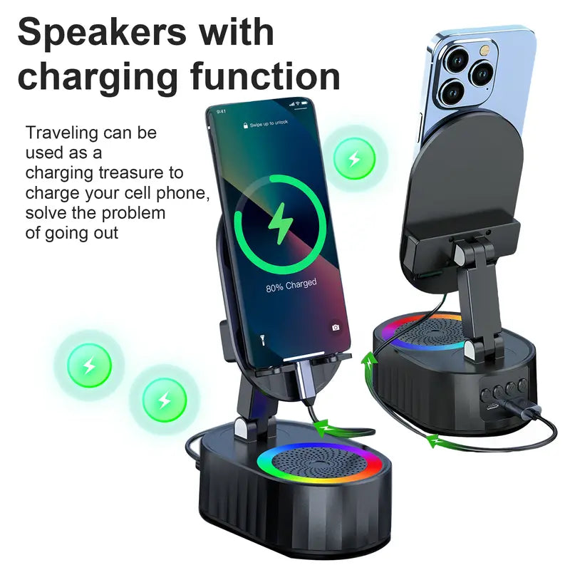 AKLLCCR Wireless Bluetooth Speaker Music Audio Phone Cell Phone Holder Box 5in1 Emergency Rechargeable (3000mAh) With Colorful Ambient Light 300° Foldable for Tablet iPhone Android