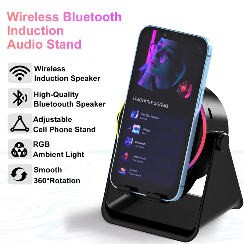Dohelly 4 IN 1 Wireless Induction Audio Bluetooth Speaker, 360° Rotation Stand with LED, Universal Speaker Stands for Surround Sound&Charger,Portable Desktop Stand Gift for Home, Shower, Outdoors, Travel