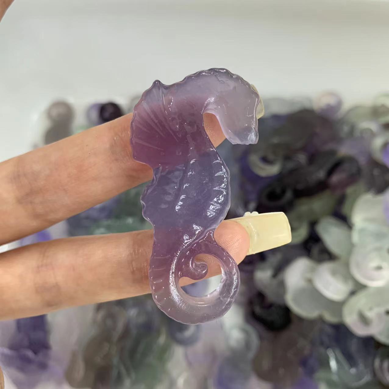 Natural crystal colorful fluorite carved seahorse pendant,55mm