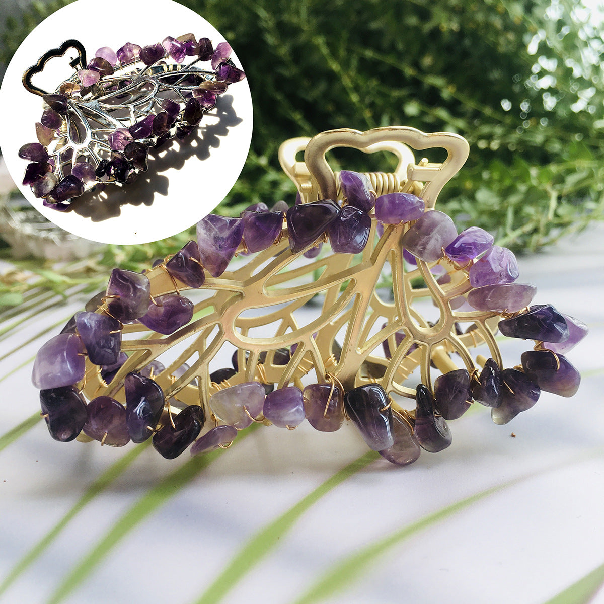 Natural crystal alloy crushed stone hair clip