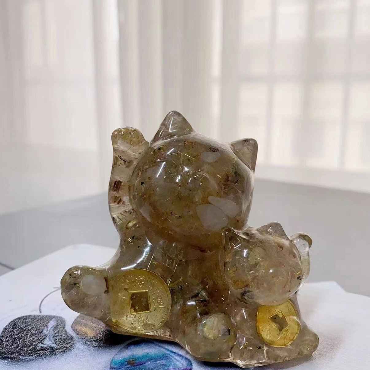 Lucky cat Crystal carving,65*60*70mm